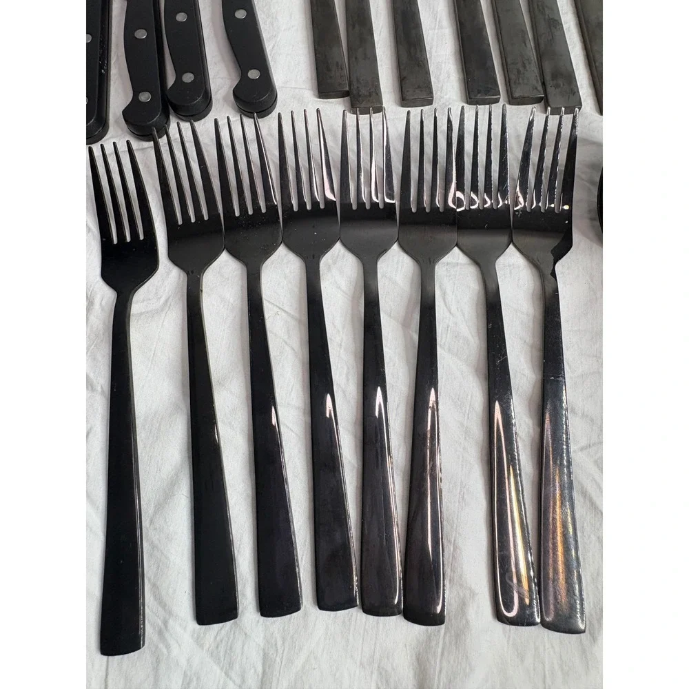 Black Silverware Set 46 Piece Flatware Utensils Knives Forks Spoons Dining